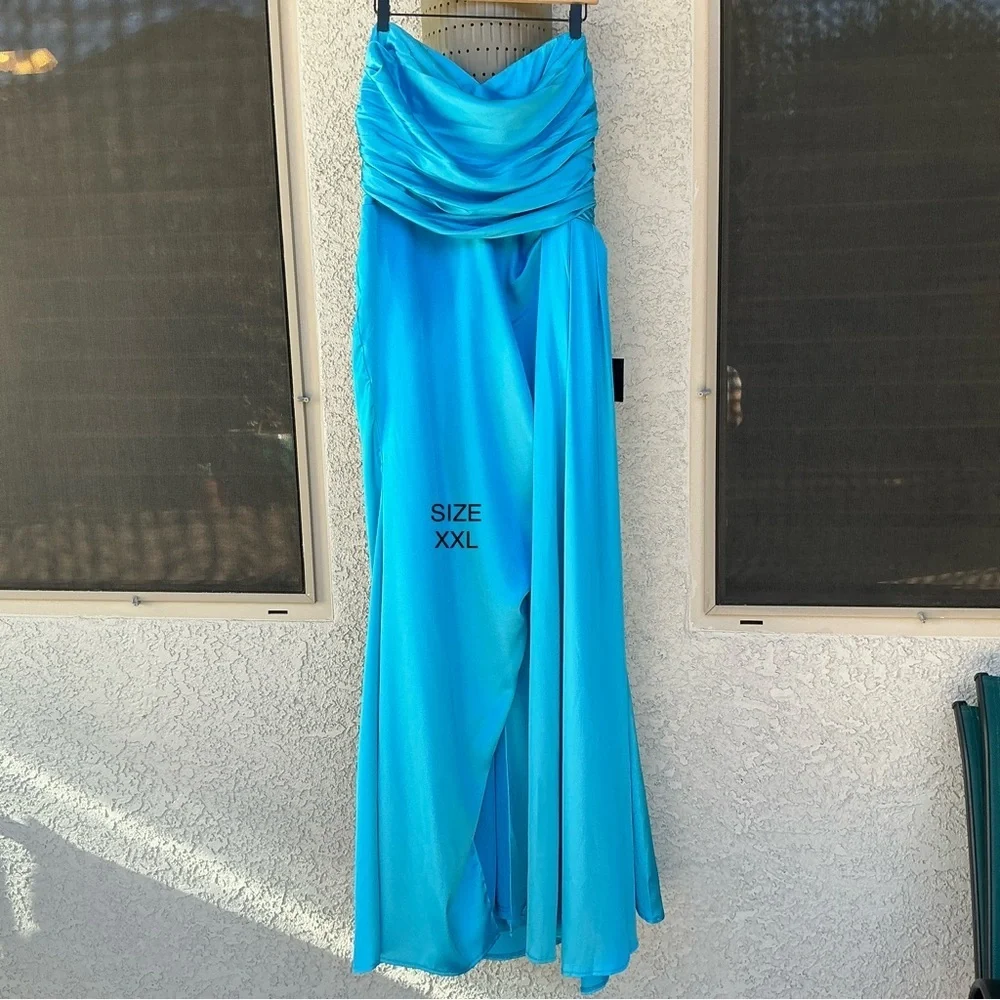 NWT Lulu’s Ethereal Excellence Teal Satin Pleated Strapless Maxi Dress M & XXL